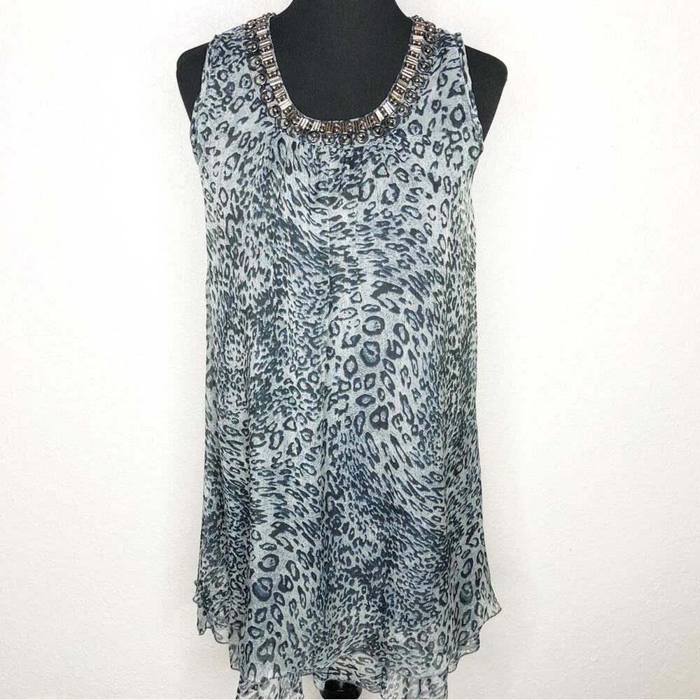 My Pretty Angel gray black animal print beaded neck silk blend dress size Medium
